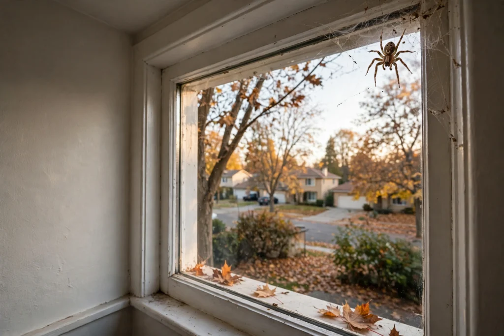 Common house spider in a web in the window corner of a Sacramento home in fall